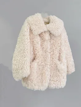 Женское модное зимнее пальто 2023 года с длинным рукавом и лацканами, дубленка из искусственного меха, лохматая куртка оверсайз