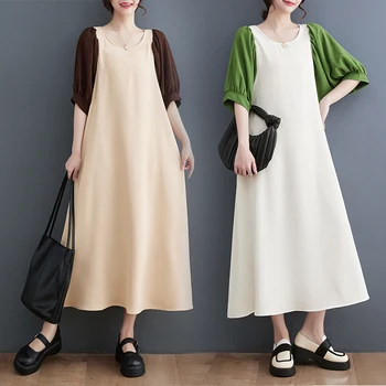 Женское платье в стиле пэчворк с короткими рукавами Лето 2023, Новый дизайн, Длинное платье в тон