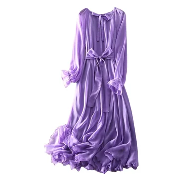 Женское платье, весенне-летнее платье с длинным рукавом, однотонное шифоновое платье-рубашка с круглым вырезом и бантом Prairie Chic, Летнее платье-рубашка Vestidos T287