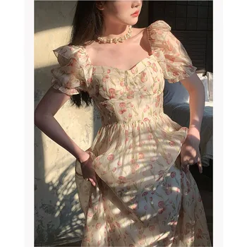 Женское платье высшего качества Летние шифоновые платья с пышными рукавами и цветочным принтом с тонкой талией Vestidos Прямая поставка HFYC7877