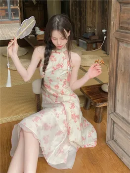 Женское платье Ципао в китайском стиле, элегантное милое свободное мини-платье без рукавов с цветочным принтом, 2023 Летние вечерние платья с мехом, женские платья