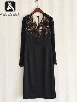 Женское черное платье AELESEEN, весна-лето, подиумная мода, V-образный вырез, расшитое бисером, кружево в стиле пэчворк, длинные праздничные каникулы