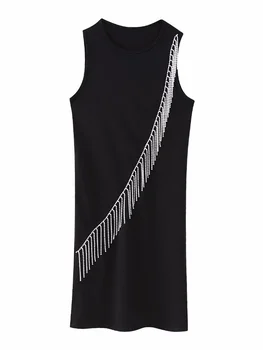 Женское элегантное черное тонкое мини-платье с бриллиантовой кисточкой 2023, Весенние женские блестящие вечерние платья без рукавов, модное женское платье на бретелях