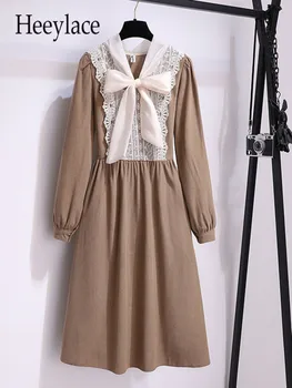 Женщин старинные французские кружева лоскутное лук воротник платья корейский стиль с высокой талией а-линия платья для женщин с длинным рукавом милый халат