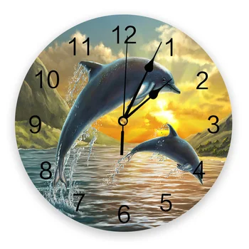 Закат, Морские животные, Дельфины, Декоративные Круглые настенные часы, дизайн с арабскими цифрами, Не Тикающие Спальни, Ванная комната, Большие настенные часы