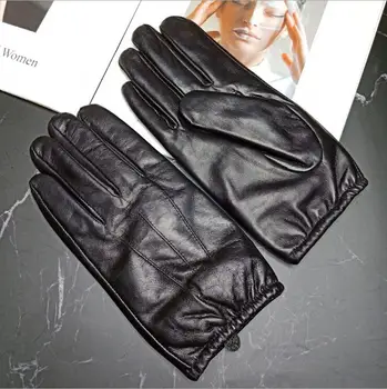 Зимние мужские перчатки из натуральной кожи с тремя линиями сзади из натуральной овечьей кожи черного цвета