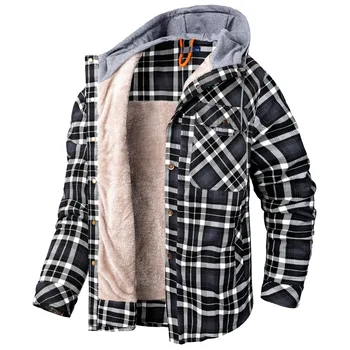 Зимние теплые мужские куртки американского размера с флисовым капюшоном, клетчатые фланелевые рубашки для мужчин, пальто с длинными рукавами, тепловая верхняя одежда, рабочая куртка-карго