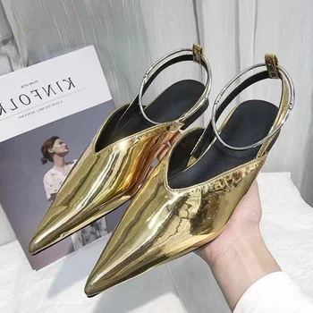 Золотые Сандалии Женские 2023, Весенние Пикантные женские туфли на плоской подошве, Остроносые Дизайнерские туфли для женщин, ретро Металлические кольца Sandalias De Mujer