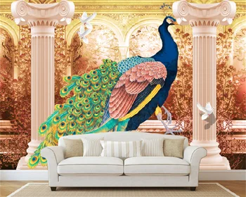 Изготовленные на заказ обои Европейский роскошный дворец римская колонна павлин гостиная диван телевизор фон настенная роспись декоративная живопись