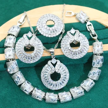 Изысканные наборы свадебных украшений из серебра 925 пробы для женщин Браслет из белого Циркона Серьги Ожерелье Кулон Кольцо Праздничный подарок