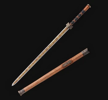 Изящный китайский меч кунг-фу с длинным лезвием ушу Хань Цзянь из марганцевой стали, корпус древнего зверя, деревянные ножны