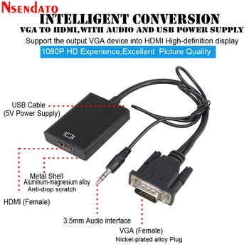 Кабель-Адаптер Конвертера VGA Male to HD Female С Аудиовыходом 1080P VGA HD Адаптер для ПК ноутбука для Мониторинга HDTV Проектора