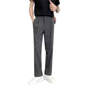 Классические мужские деловые брюки для повседневного костюма, черные / серые / коричневые, свободные и удобные мужские брюки для вечеринки в полоску