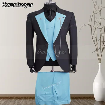Классический черный мужской деловой костюм из бутика Gwenhwyar с плоским вырезом, свадебный комплект, праздничный костюм, небесно-голубой пиджак и брюки