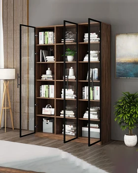 Книжный шкаф из массива дерева со стеклянной дверцей на полу, современный и простой книжный шкаф во всю стену, для хранения вещей, по индивидуальному заказу.