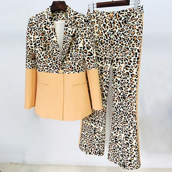 Комплект из 2 предметов, женский блейзер на одной пуговице с леопардовым принтом, деловые брюки с высокой талией, вечернее платье для вечеринки