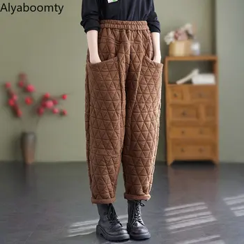 Корейские осенне-зимние женские плотные Теплые брюки с высокой талией, коричневые, Зеленые, Черные Свободные брюки с карманами на эластичной талии, шаровары-капри