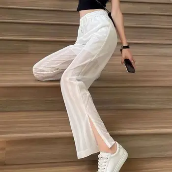 Корейские повседневные Свободные Сетчатые брюки с широкими штанинами 2023, Новая Летняя мода, шикарные Однотонные брюки с высокой талией до щиколоток, одежда S103