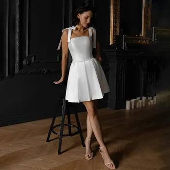 Короткие свадебные платья, белое простое мини-свадебное платье без рукавов трапециевидной формы для женщин 2023, Атласное свадебное платье с карманами для невесты
