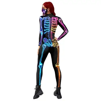 Костюмы скелетов на Хэллоуин Для женщин, Красочное боди с 3D скелетом, костюм для вечеринки на Хэллоуин, наряд для Хэллоуина, Косплей