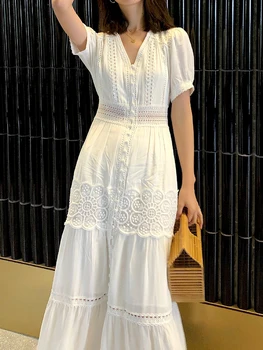 Кружевные платья Женское Хлопчатобумажное платье Макси в стиле пэчворк с V-образным вырезом и коротким рукавом, женское однобортное открытое Пляжное Длинное платье Vestidos