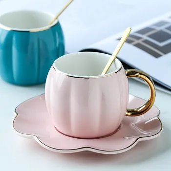 Кружка с крышкой, ложка, чашка для питья на пару, керамика из тыквы, домашний офис, чистая красная кофейная чашка с подносом