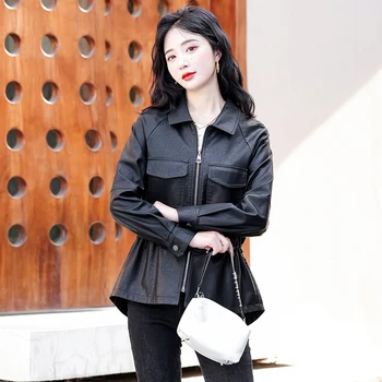 Куртки для женщин, осень-зима, Новая кожаная куртка с коротким шнурком, пальто из натуральной кожи, Корейское тонкое модное пальто Chaqueta Cjk