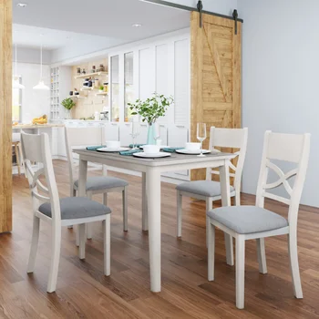 Кухонный обеденный стол TOPMAX из деревенского дерева в деревенском стиле, состоящий из 5 предметов и 4 мягких стульев с мягкой обивкой\  Светло-серый + белый