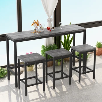 Кухонный обеденный стол современного дизайна, Стол для паба, Длинный обеденный стол с 3 табуретками, Простая сборка, Серый