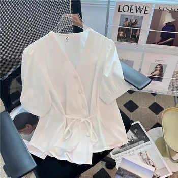 Летние Новые Корейские Белые шифоновые рубашки с V-образным вырезом, женская мода, Пояс, Однобортные блузки с коротким рукавом, Топы, женская одежда