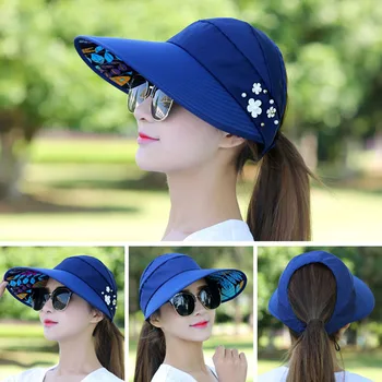 Летние шляпы для женщин, Складная Солнцезащитная шляпа с жемчужным цветочным козырьком, Солнцезащитная кепка с гибкими полями, Женская уличная повседневная бейсболка