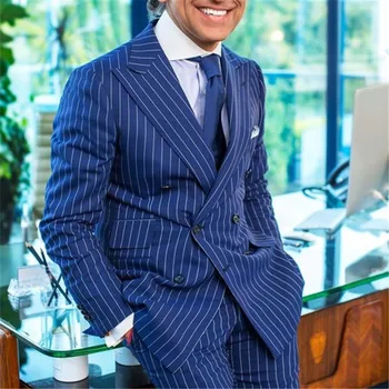 Летний королевский синий в полоску мужской костюм для бизнес формальный мужской блейзер двубортный широкий костюм пика лацкан куртки приталенные мужские 
