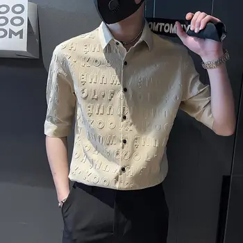 Летняя мужская модная новая повседневная Корейская приталенная рубашка с воротником-поло, однотонная, с буквенным принтом, с короткими рукавами и воротником-стойкой