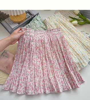 Летняя новая Корейская плиссированная юбка с милыми фрагментированными цветами, Женские эластичные юбки трапециевидной формы с высокой талией