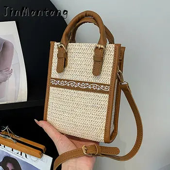 Летняя Новая соломенная сумка через плечо 2023, квадратные модные сумки, дизайнерские сумки через плечо для женщин, маленькая сумка с верхней ручкой