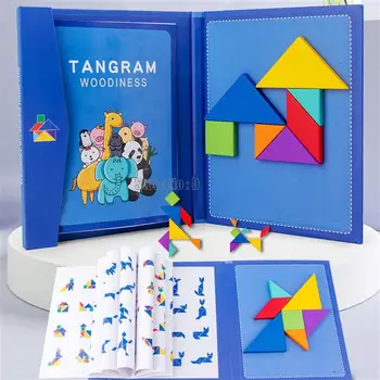 Магнитная книга-головоломка Танграм для детей, обучающие Портативные детские игрушки, Обучающая Интеллектуальная головоломка Монтессори, Деревянная