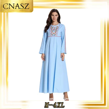 Марокканский кафтан Comfort Abaya для женщин, Арабское повседневное мусульманское платье с вышивкой большого размера с длинными рукавами и круглым вырезом.