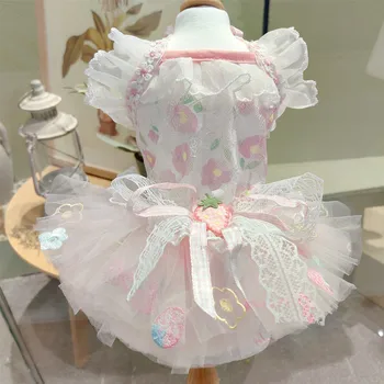 Милая Розово-желтая одежда для домашних собак с цветочным принтом клубники, модные платья принцессы с кружевным бантом ручной работы для маленьких средних собак