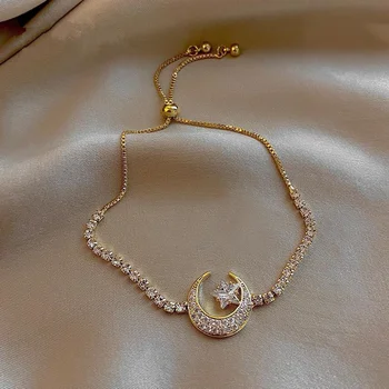 Милый женский браслет с Луной и звездой, роскошный браслет с цирконами из желтого золота, винтажные свадебные браслеты для женщин