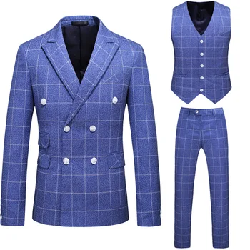 Мода 2021 года (Куртка + Брюки + жилет) Многоцветный Двубортный костюм Мужской Британский Деловой Тонкий костюм-тройка S-5XL