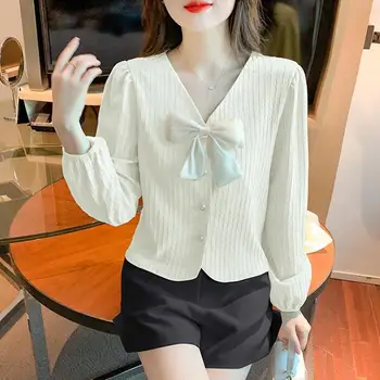 Модная женская блузка 2023, осенняя шифоновая рубашка с длинными рукавами, галстук-бабочка, элегантный и уникальный нижний топ для женщин, майки