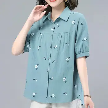 Модная Повседневная блузка с цветочным принтом для поездок на работу, однобортная Летняя Женская одежда с коротким рукавом и вырезом-поло, Свободная рубашка с разрезом