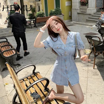 Модное элегантное женское джинсовое платье Hemu в стиле ретро для похудения талии 2021, Новое летнее милое мини-платье в корейском стиле
