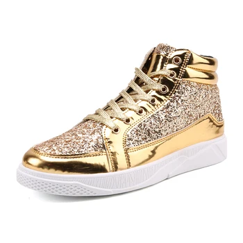 Модные Блестящие Золотые Кроссовки, Женская Мужская Уличная одежда, обувь в стиле хип-хоп, Дизайнерские Мужские кроссовки с высоким берцем, Легкая Обувь для скейтборда, мужская обувь