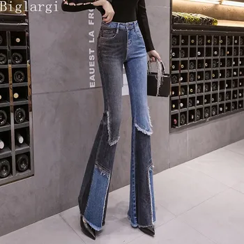 Модные Джинсы с высокой талией, Черные Женские джинсовые брюки в стиле пэчворк, Женские брюки, Повседневные Хлопковые Корейские женские Длинные брюки 2023