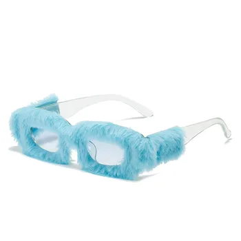 Модные Индивидуальные Плюшевые солнцезащитные очки Для женщин в стиле ретро с маленьким прямоугольником UV400 Для мужчин, трендовые синие солнцезащитные очки, Забавные очки