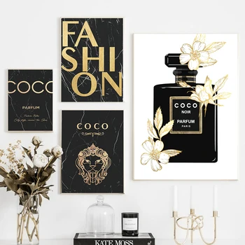 Модный Плакат с цитатой Coco, Текстура мрамора, Флакон духов с Золотым цветком, холст, картина, Современная настенная картина, Декор для дома в гостиной