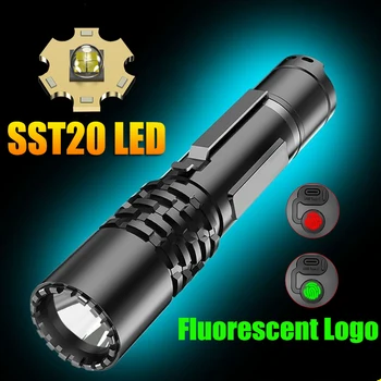 Мощный светодиодный мини-фонарик SST20 с флуоресцентным логотипом, ультраяркий, с сильным светом, перезаряжаемый тип C, уровень водонепроницаемости IPX5