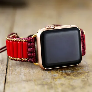 Мужские и женские наручные часы Ремешок для умных часов с красными камнями 38 мм/45 мм, заживляющий скользящий браслет из бисера, браслет для аксессуаров Iwatch