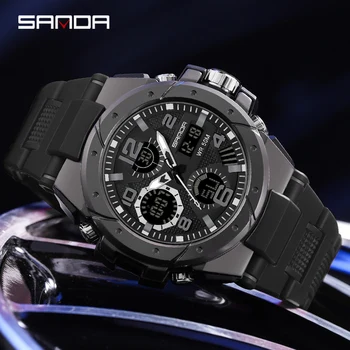 Мужские кварцевые наручные часы SANDA Brand Outdoor Sport Watch, 50-метровые водонепроницаемые цифровые мужские часы с двойным дисплеем времени, армейские армейские светодиодные часы